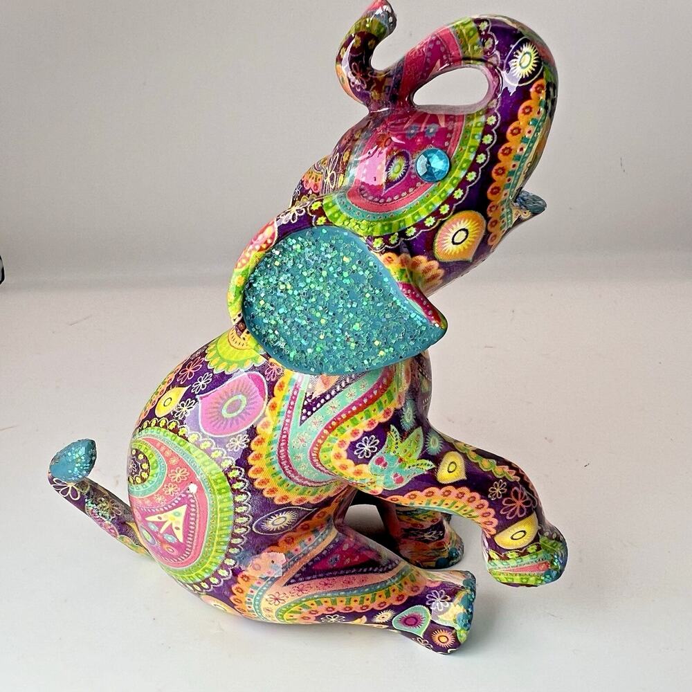 Lucky Elephant Figurine Decor Franklin Collection Colorful Paisley Glitter Resin